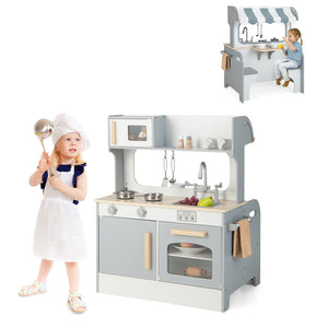 Double Sided Kids Pretend Kitchen Playset with 2-Seat Cafe-Gray view 4