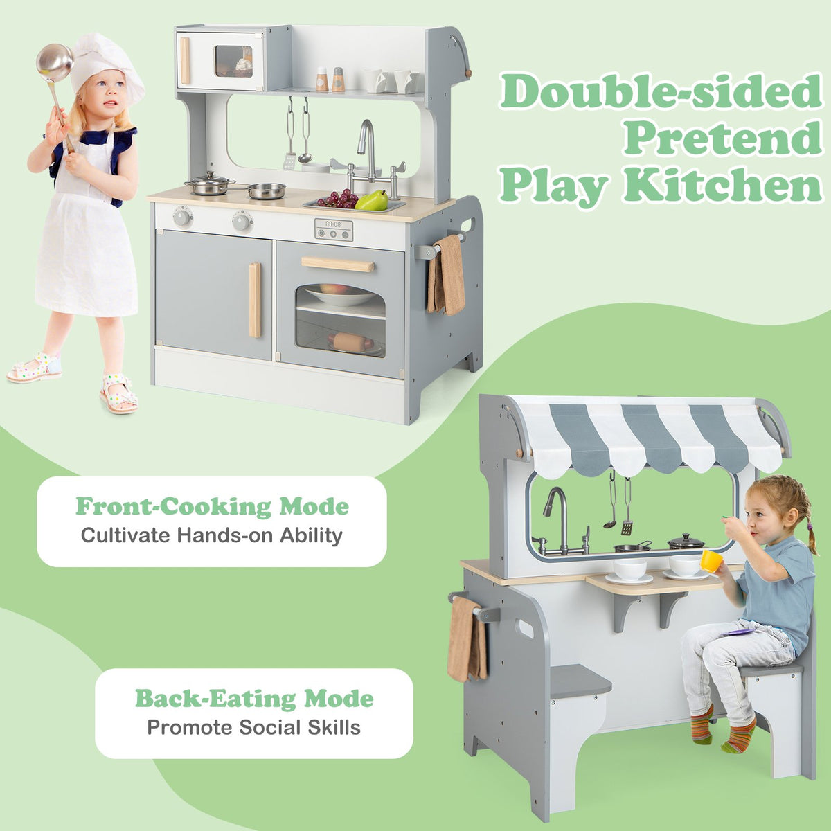 Double Sided Kids Pretend Kitchen Playset with 2-Seat Cafe-Gray view 6