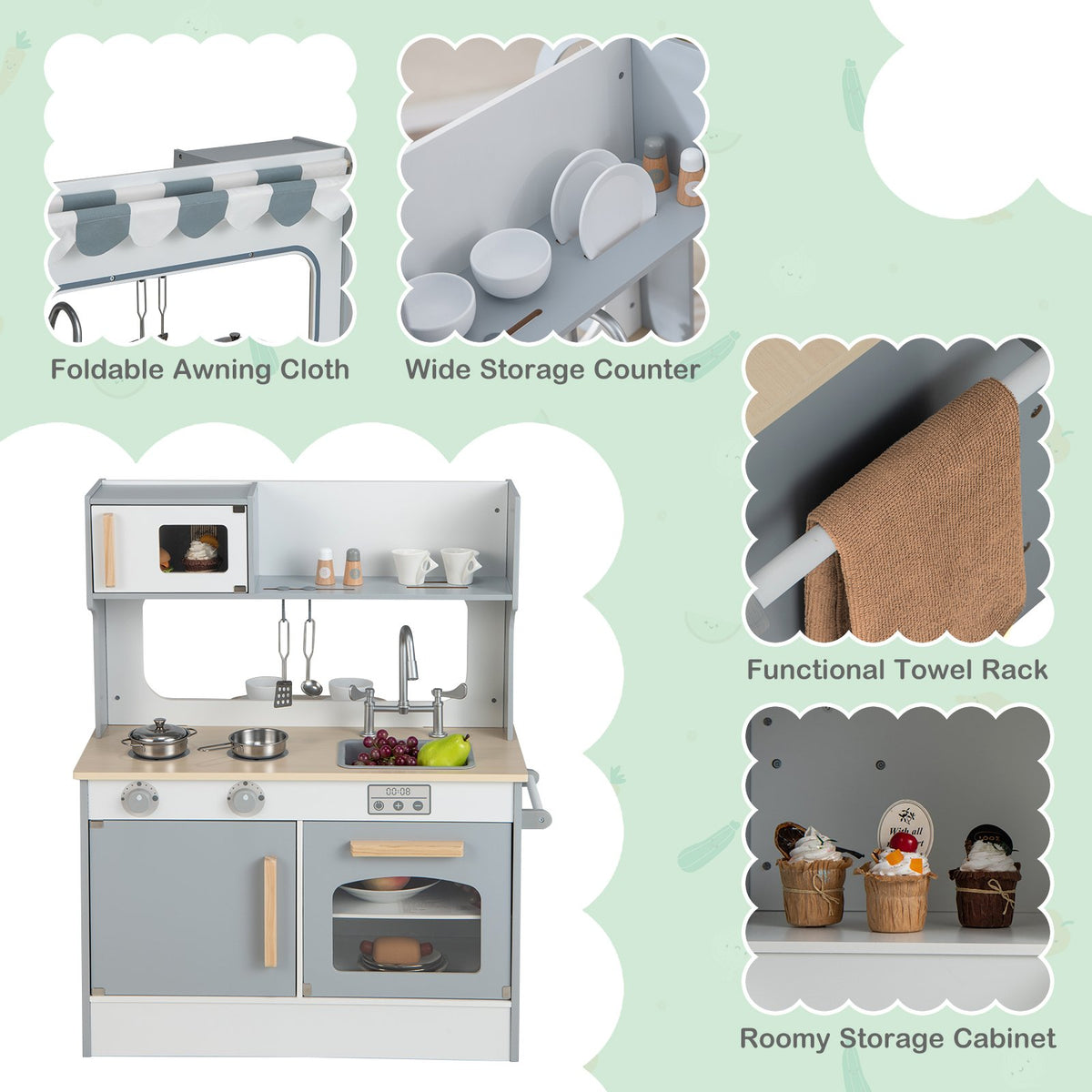 Double Sided Kids Pretend Kitchen Playset with 2-Seat Cafe-Gray view 9