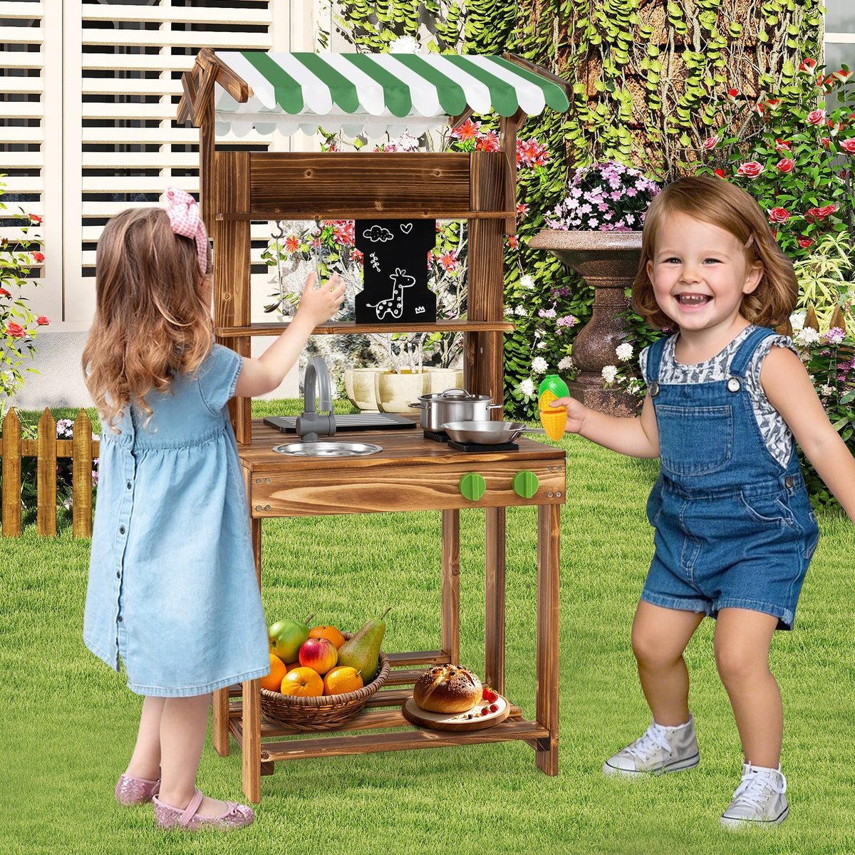 Double-Sided Mud Kitchen with Canopy and Chalkboard for 3+ Years Old-Natural view 3