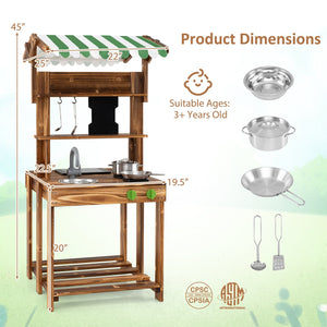 Double-Sided Mud Kitchen with Canopy and Chalkboard for 3+ Years Old-Natural view 4