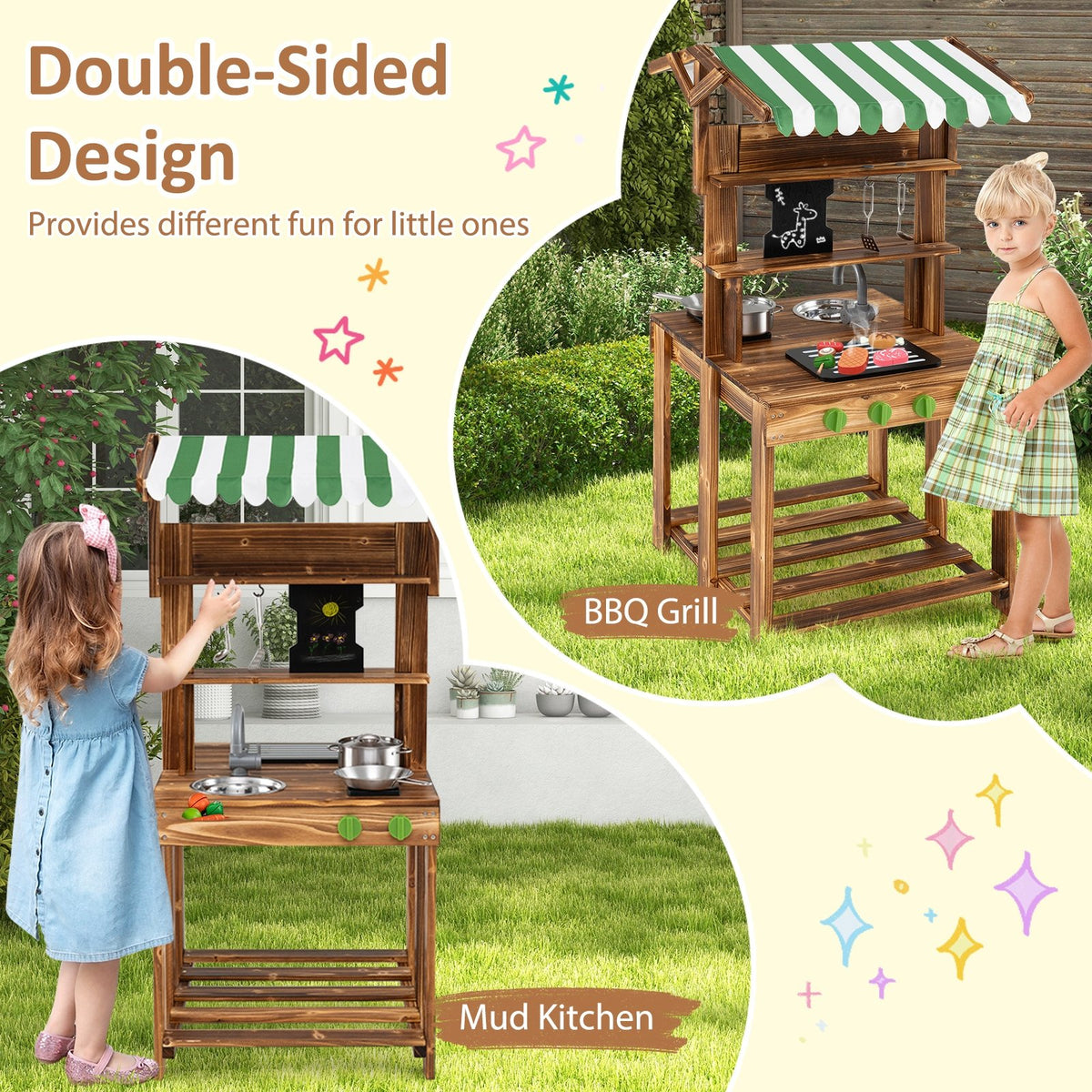 Double-Sided Mud Kitchen with Canopy and Chalkboard for 3+ Years Old-Natural view 6