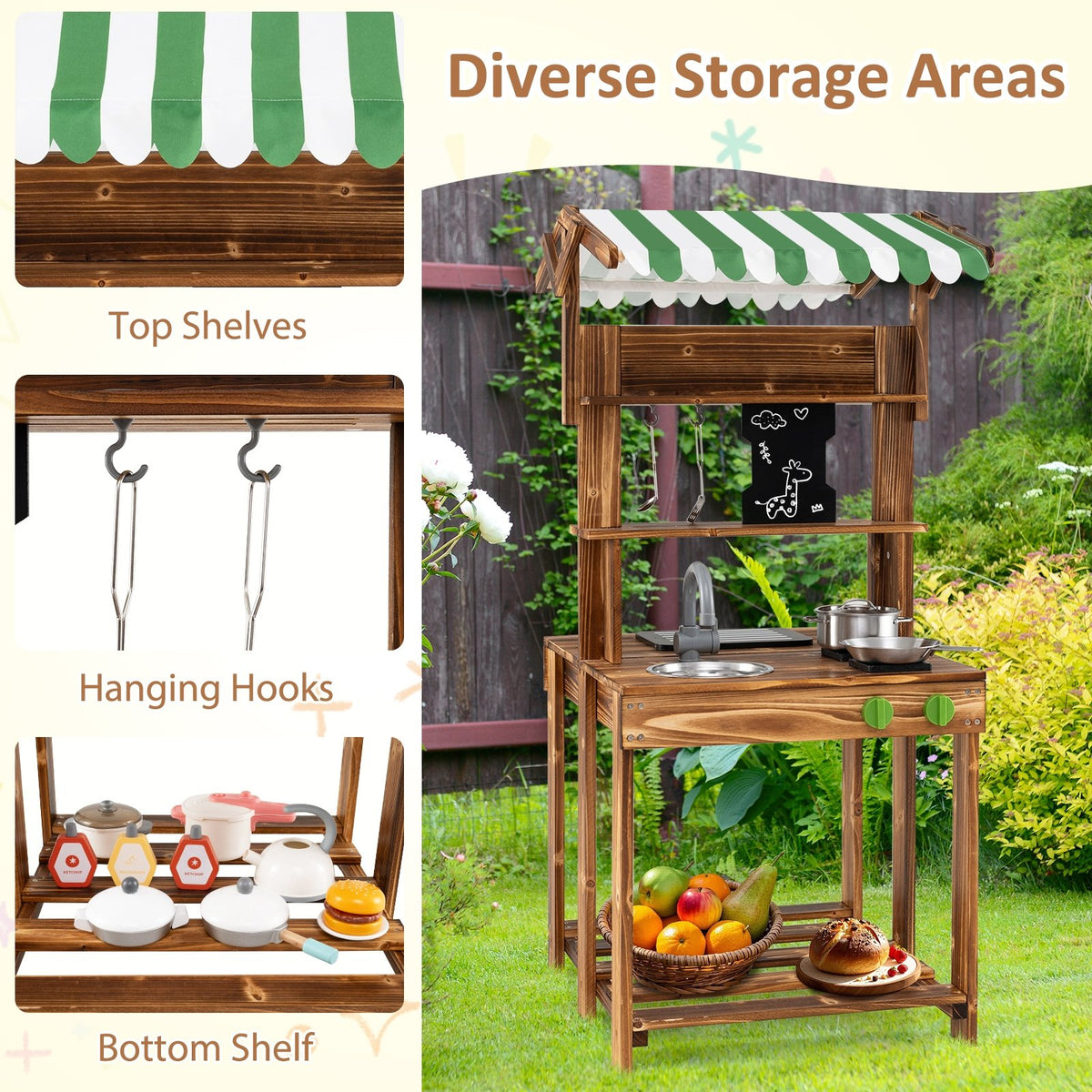 Double-Sided Mud Kitchen with Canopy and Chalkboard for 3+ Years Old-Natural view 8