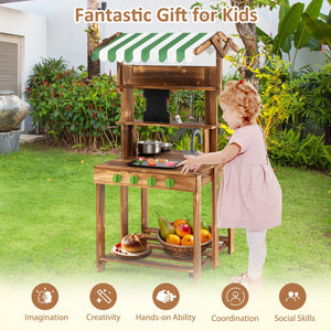 Double-Sided Mud Kitchen with Canopy and Chalkboard for 3+ Years Old-Natural view 9