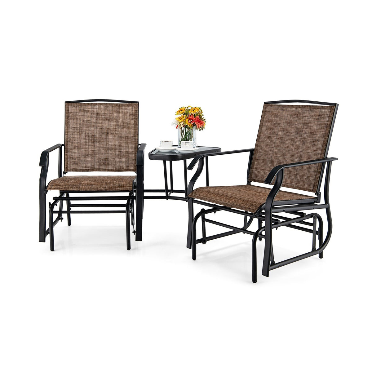 Double Swing Glider Rocker Chair set with Glass Table-Brown view 3