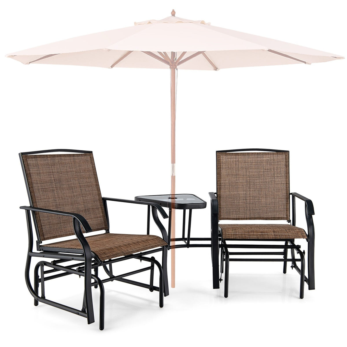 Double Swing Glider Rocker Chair set with Glass Table-Brown view 5
