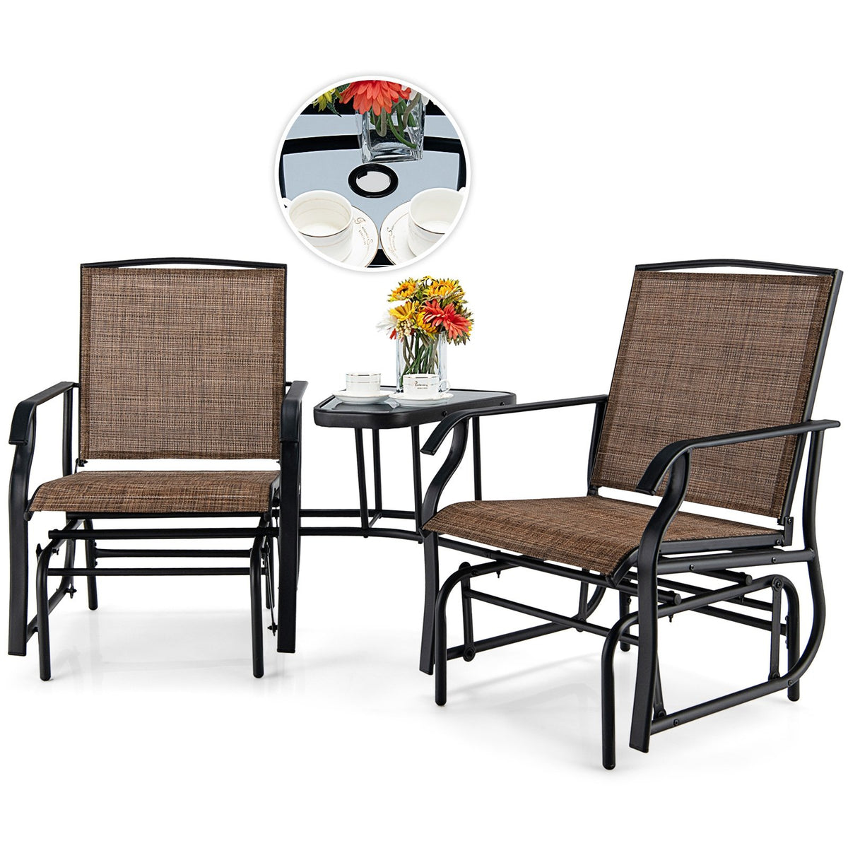 Double Swing Glider Rocker Chair set with Glass Table-Brown view 6