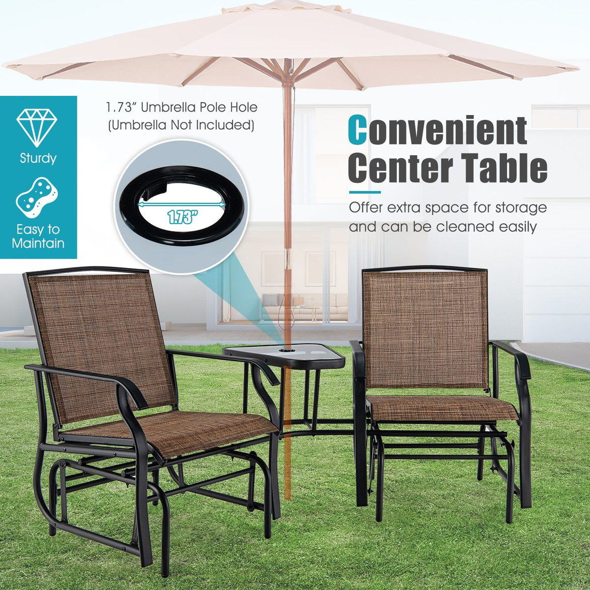 Double Swing Glider Rocker Chair set with Glass Table-Brown view 8