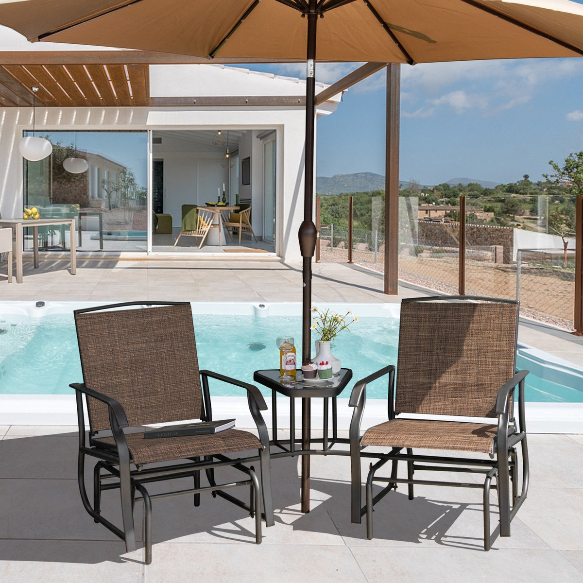 Double Swing Glider Rocker Chair set with Glass Table-Brown view 9