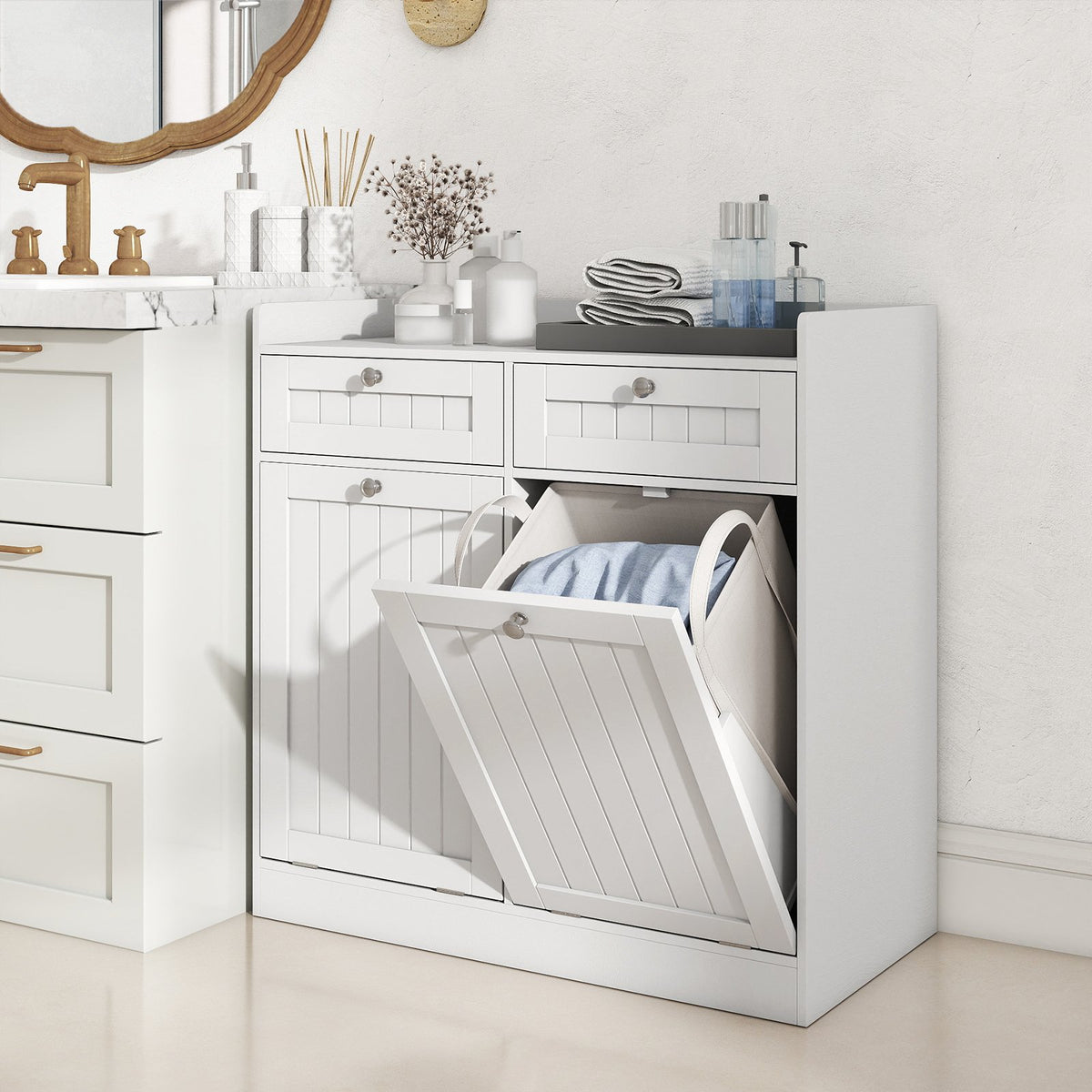Double Tilt-Out Laundry Hamper Cabinet with 2 Drawers and Removable Laundry Bags-White view 2