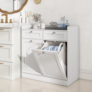 Double Tilt-Out Laundry Hamper Cabinet with 2 Drawers and Removable Laundry Bags-White view 2