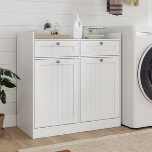Double Tilt-Out Laundry Hamper Cabinet with 2 Drawers and Removable Laundry Bags-White view 3