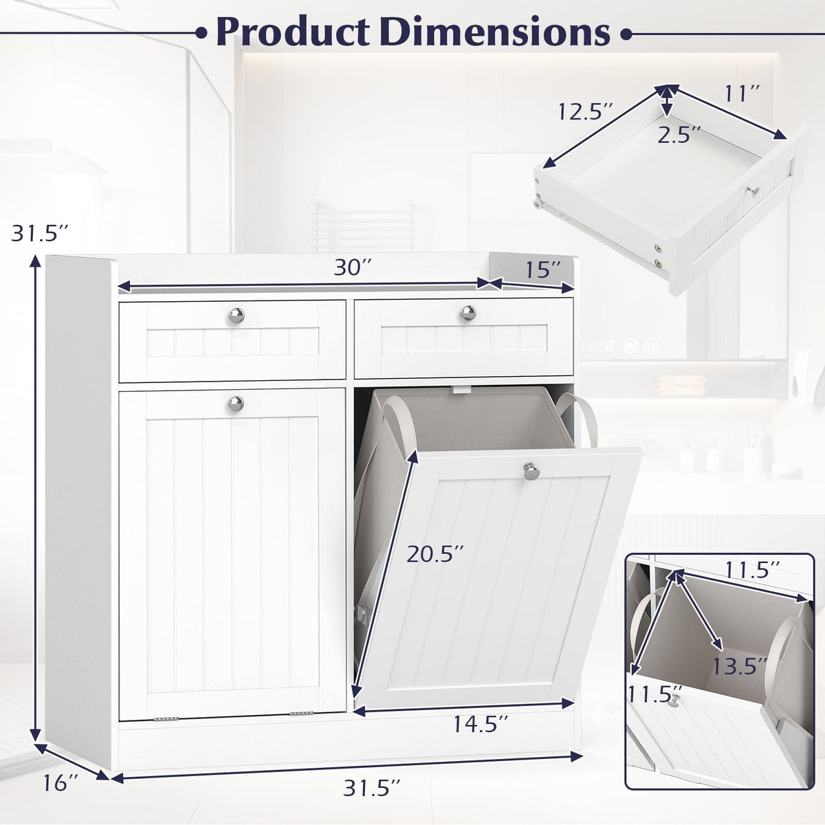 Double Tilt-Out Laundry Hamper Cabinet with 2 Drawers and Removable Laundry Bags-White view 5