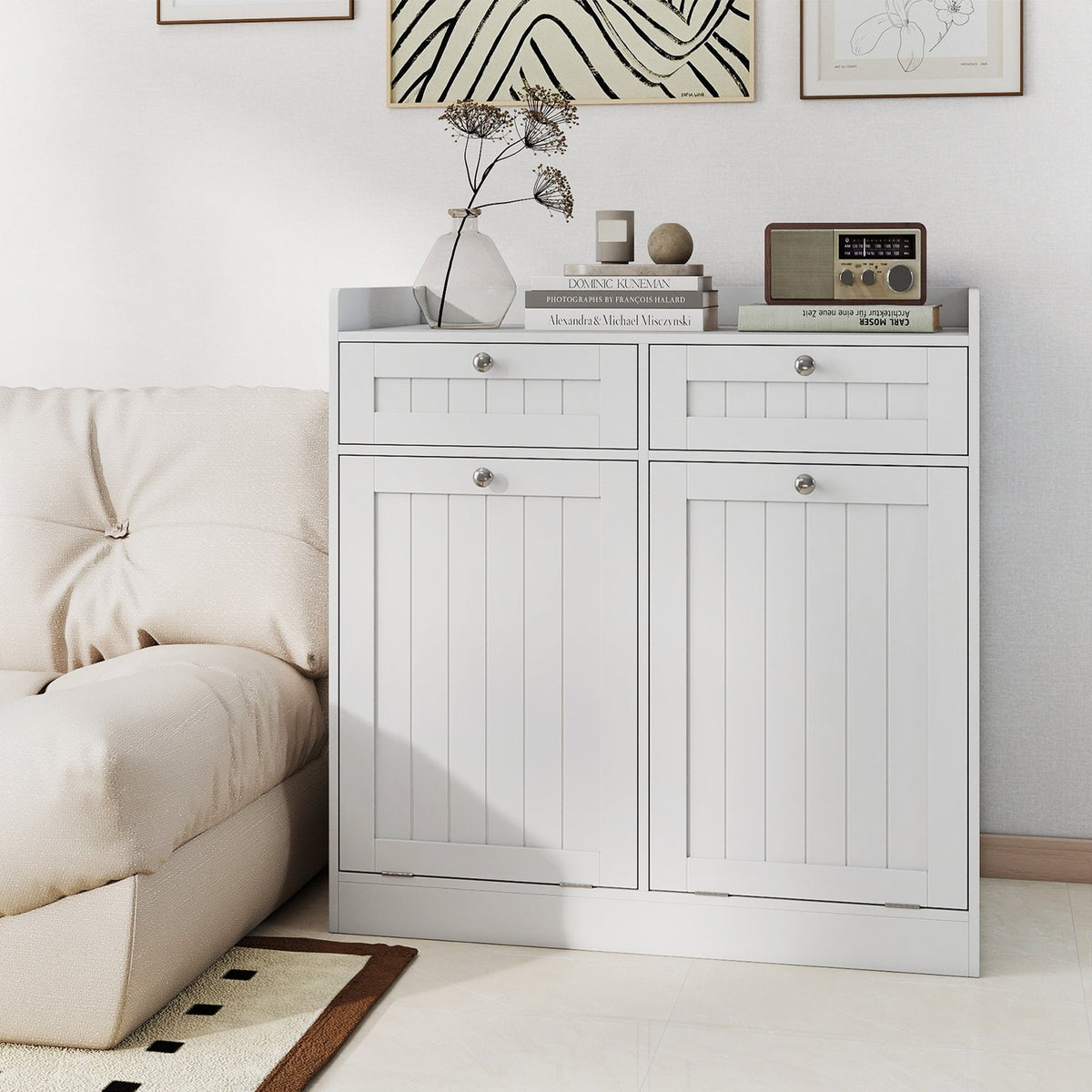 Double Tilt-Out Laundry Hamper Cabinet with 2 Drawers and Removable Laundry Bags-White view 6