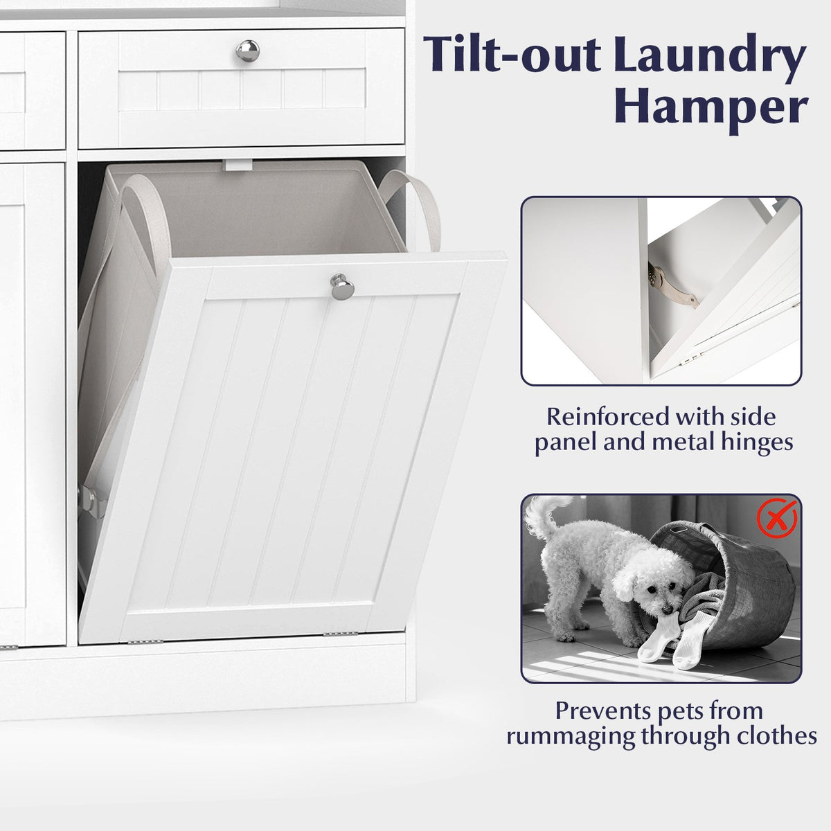 Double Tilt-Out Laundry Hamper Cabinet with 2 Drawers and Removable Laundry Bags-White view 9
