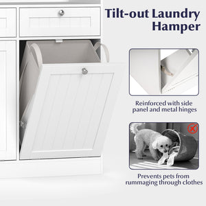 Double Tilt-Out Laundry Hamper Cabinet with 2 Drawers and Removable Laundry Bags-White view 9