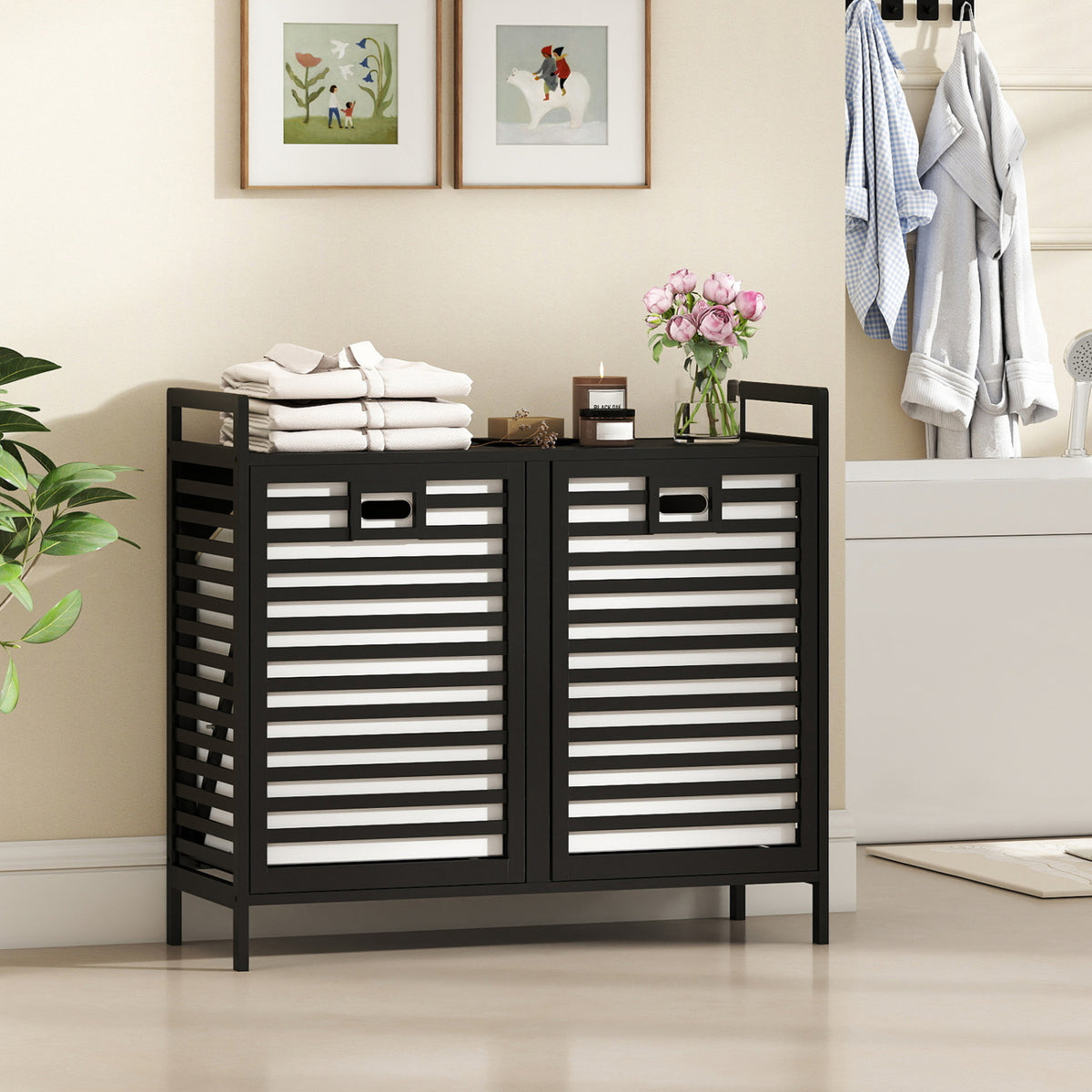 Double Tilt-out Laundry Hamper with 2 Removable Bins-Black view 2