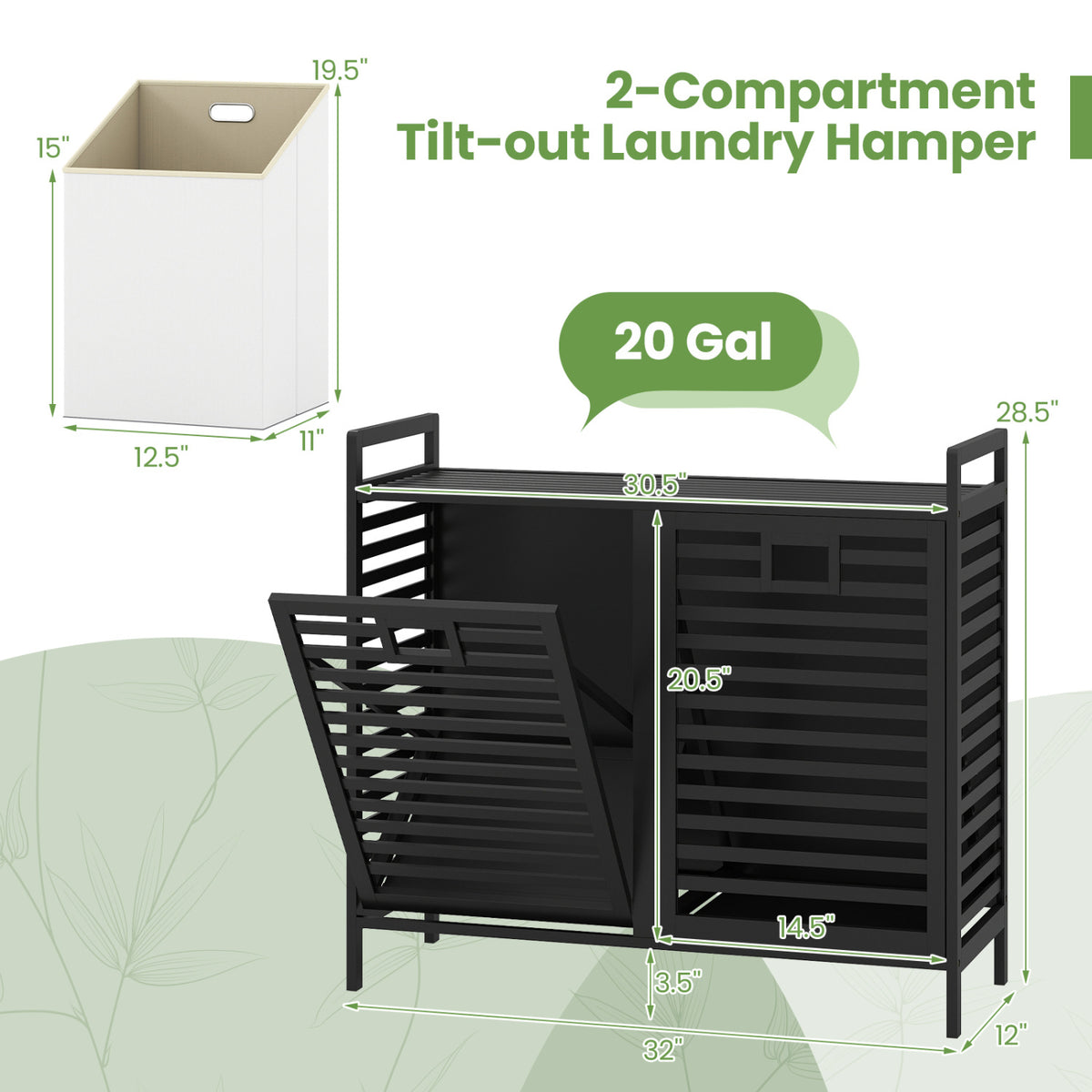 Double Tilt-out Laundry Hamper with 2 Removable Bins-Black view 5
