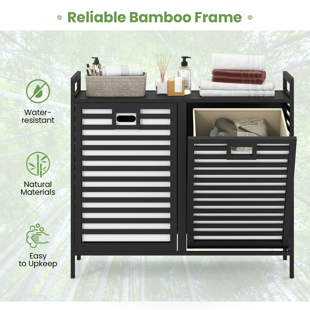 Double Tilt-out Laundry Hamper with 2 Removable Bins-Black view 6