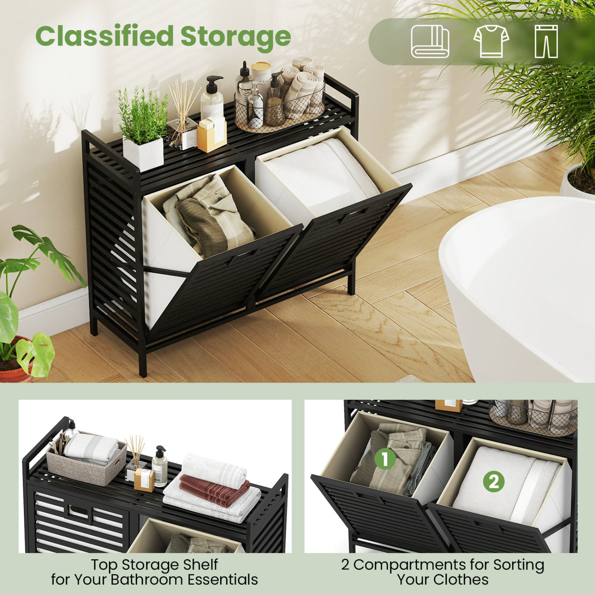 Double Tilt-out Laundry Hamper with 2 Removable Bins-Black view 7