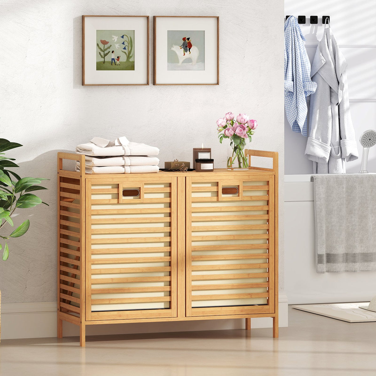 Double Tilt-out Laundry Hamper with 2 Removable Bins-Natural view 3