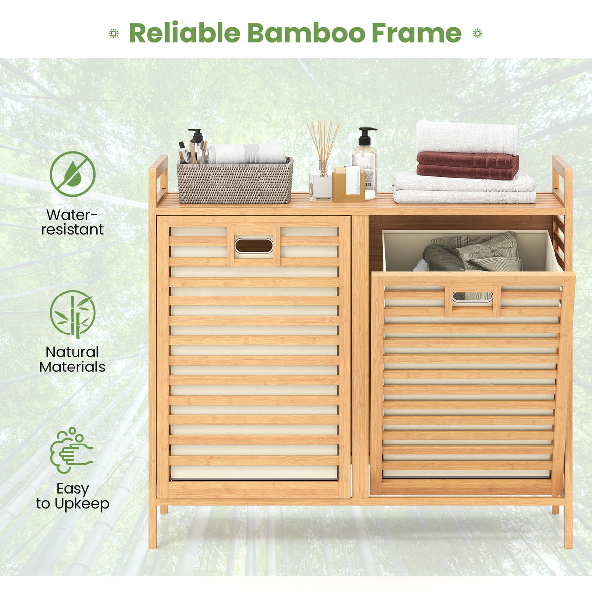 Double Tilt-out Laundry Hamper with 2 Removable Bins-Natural view 6