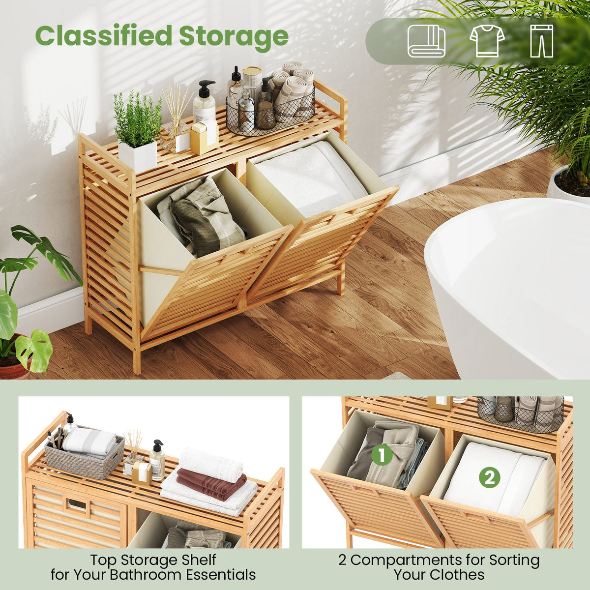 Double Tilt-out Laundry Hamper with 2 Removable Bins-Natural view 7