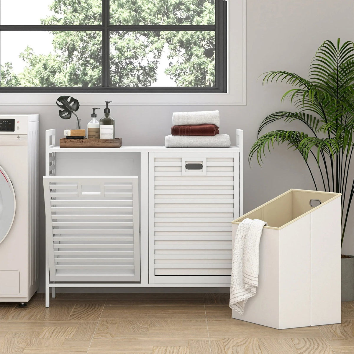 Double Tilt-out Laundry Hamper with 2 Removable Bins-White view 2