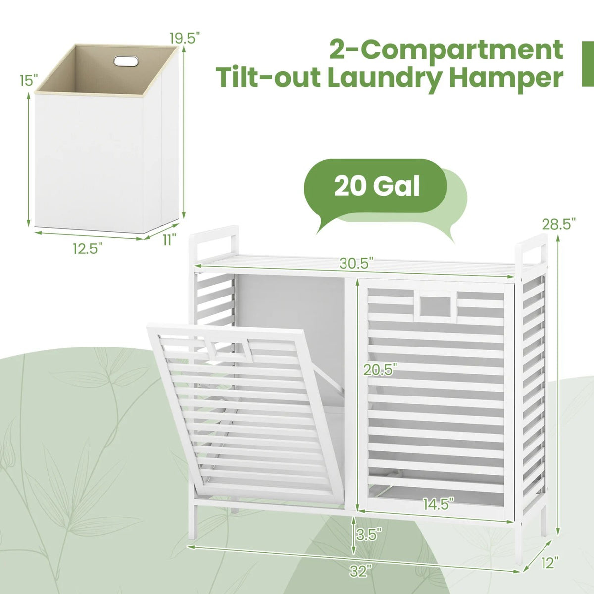 Double Tilt-out Laundry Hamper with 2 Removable Bins-White view 5