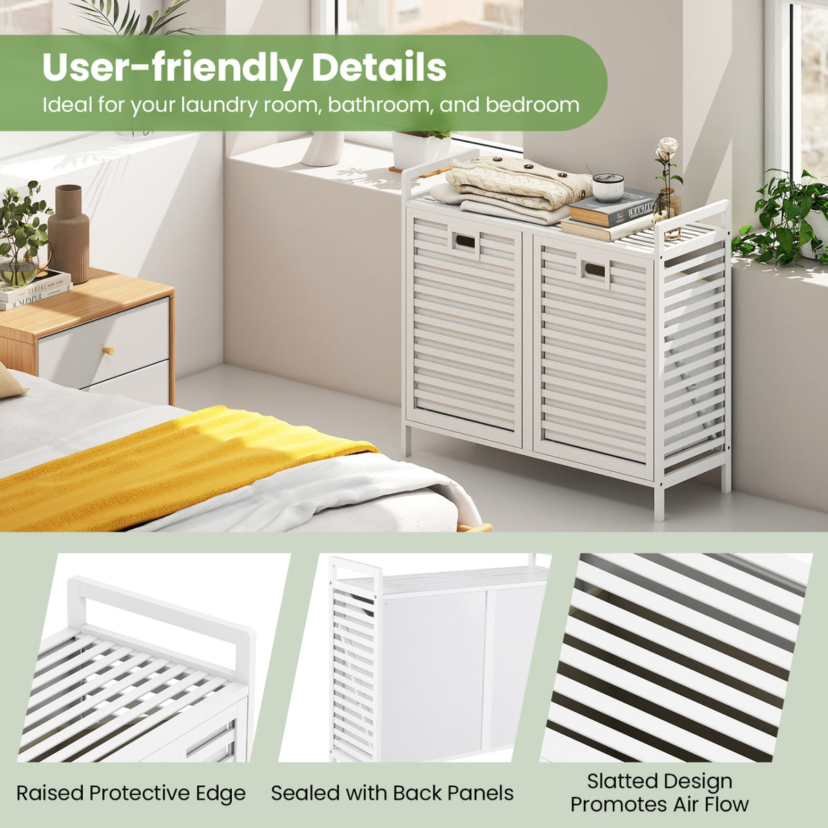 Double Tilt-out Laundry Hamper with 2 Removable Bins-White view 9