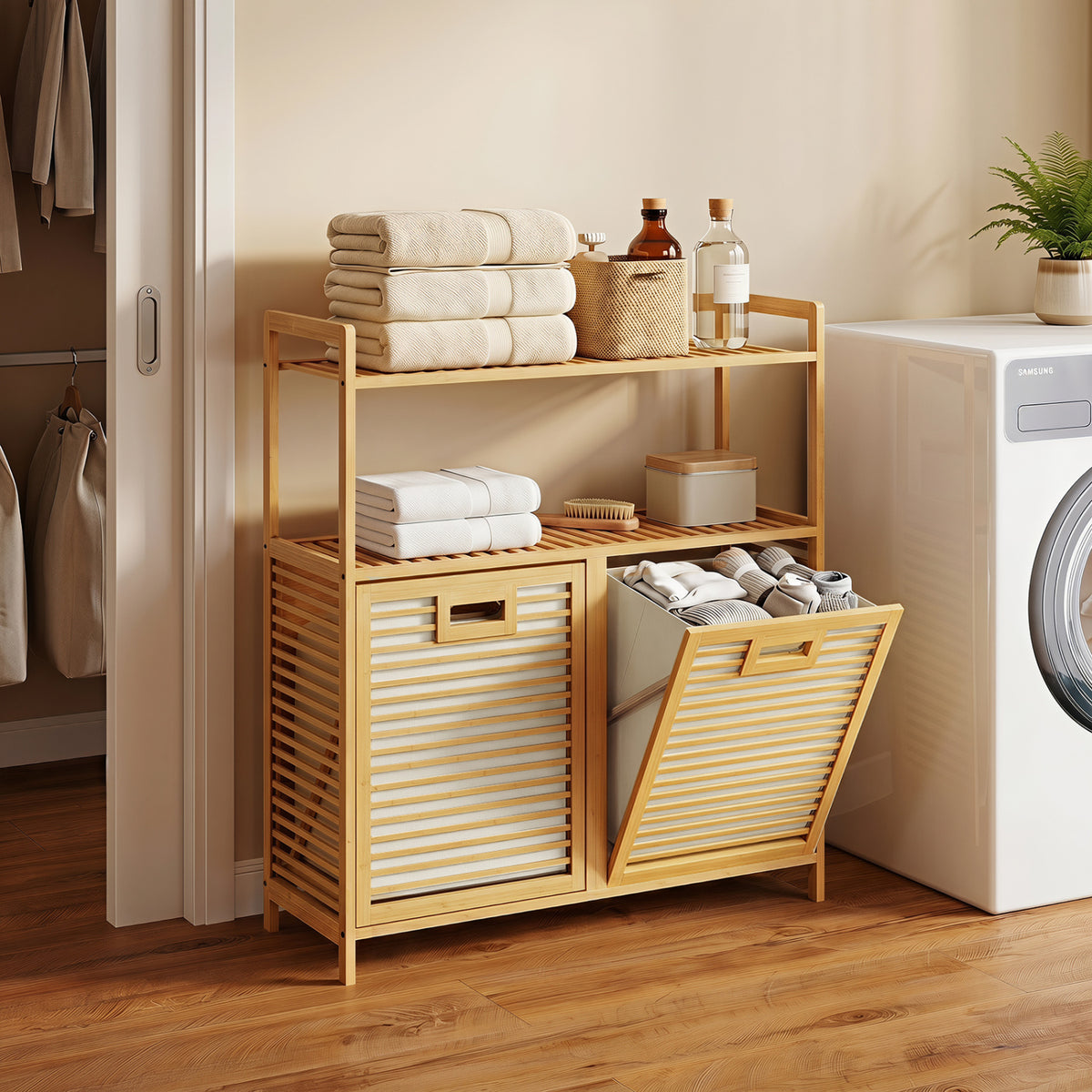 Double Tilt Out Laundry Hamper with 2 Shelves for Dirty Clothes-Natural view 2