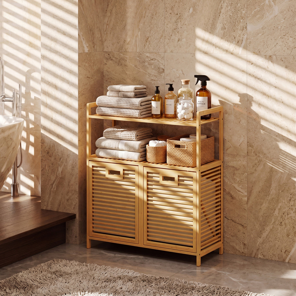 Double Tilt Out Laundry Hamper with 2 Shelves for Dirty Clothes-Natural view 3