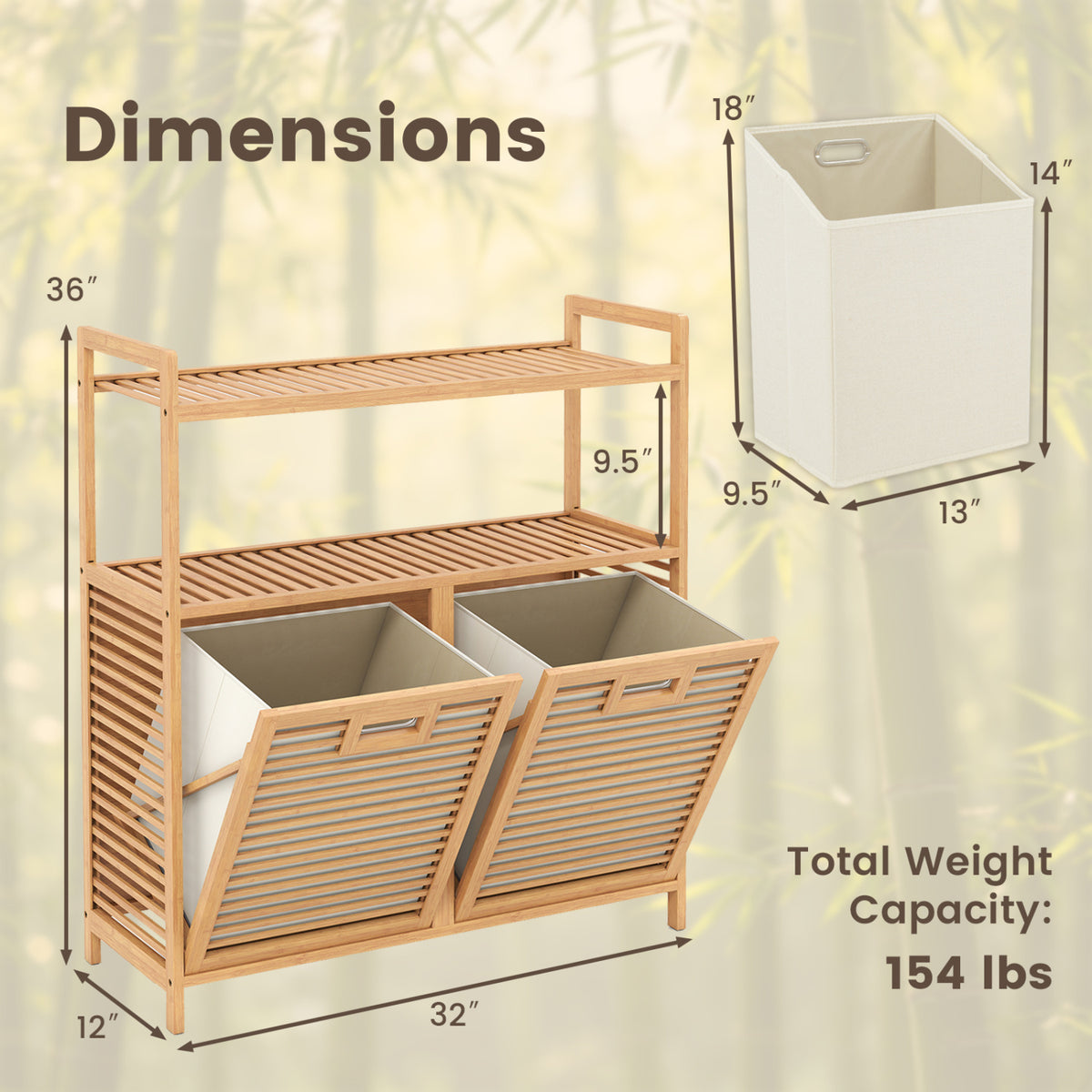 Double Tilt Out Laundry Hamper with 2 Shelves for Dirty Clothes-Natural view 5