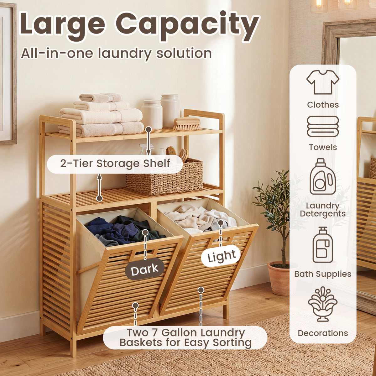 Double Tilt Out Laundry Hamper with 2 Shelves for Dirty Clothes-Natural view 7