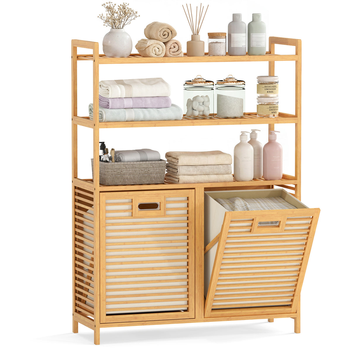 Double Tilt Out Laundry Hamper with 3 Shelves and 2 Removable Baskets for Dirty Clothes-Natural view 4