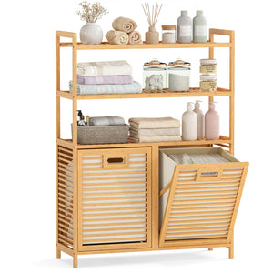 Double Tilt Out Laundry Hamper with 3 Shelves and 2 Removable Baskets for Dirty Clothes-Natural view 4