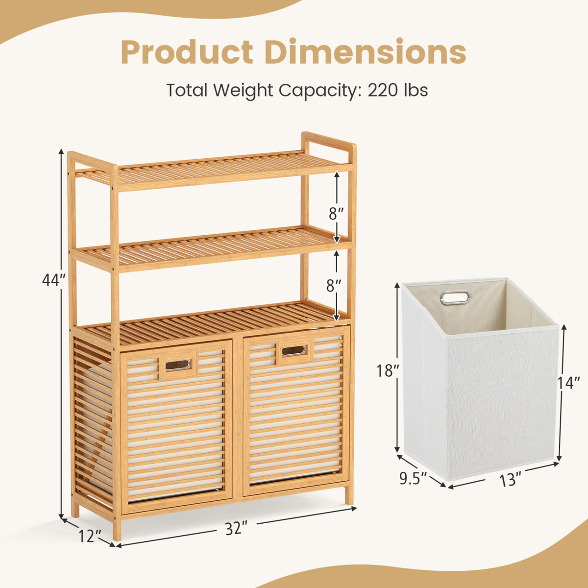 Double Tilt Out Laundry Hamper with 3 Shelves and 2 Removable Baskets for Dirty Clothes-Natural view 5