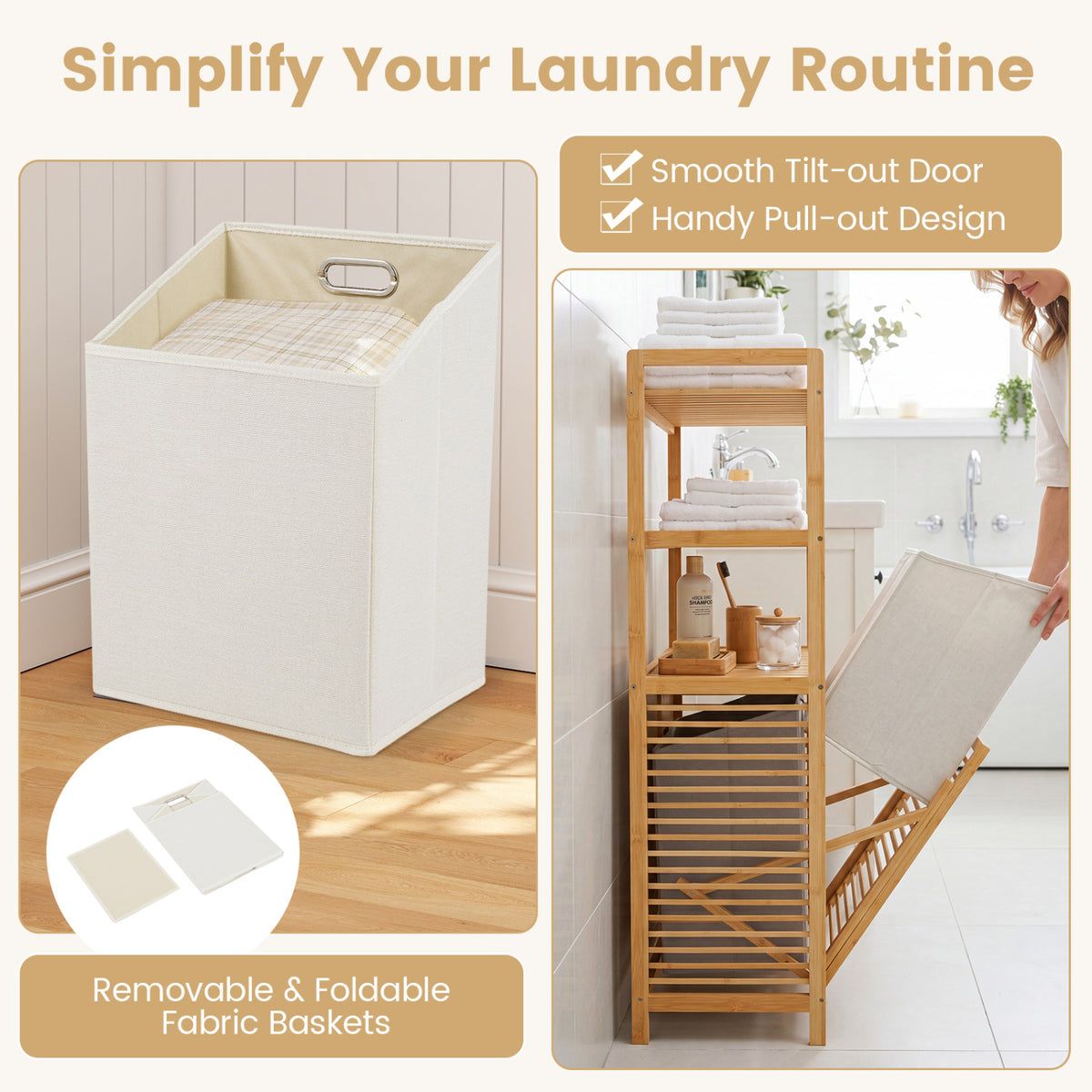 Double Tilt Out Laundry Hamper with 3 Shelves and 2 Removable Baskets for Dirty Clothes-Natural view 7