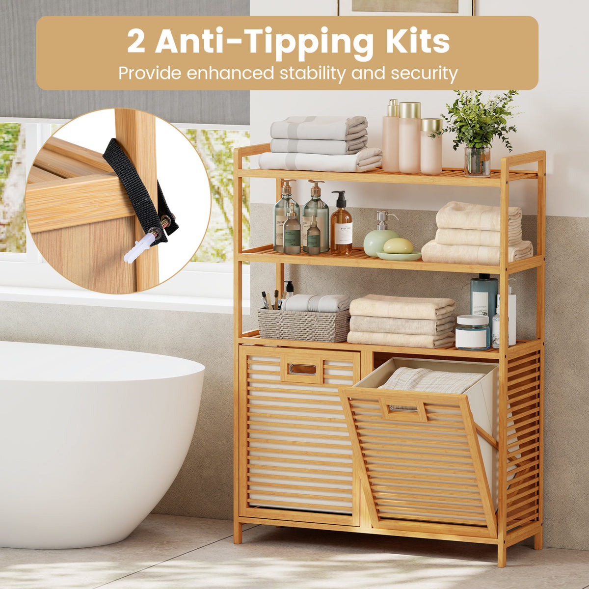 Double Tilt Out Laundry Hamper with 3 Shelves and 2 Removable Baskets for Dirty Clothes-Natural view 9