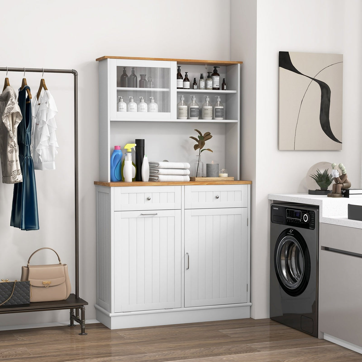 Double Tilt Out Trash Cabinet with Hutch and Rubber Wood Countertop view 2