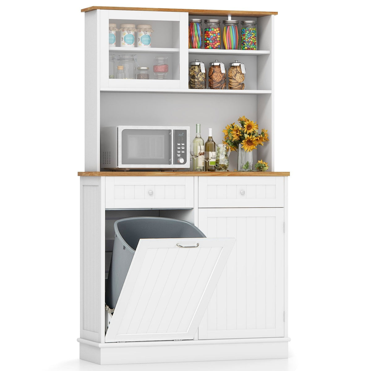 Double Tilt Out Trash Cabinet with Hutch and Rubber Wood Countertop view 4