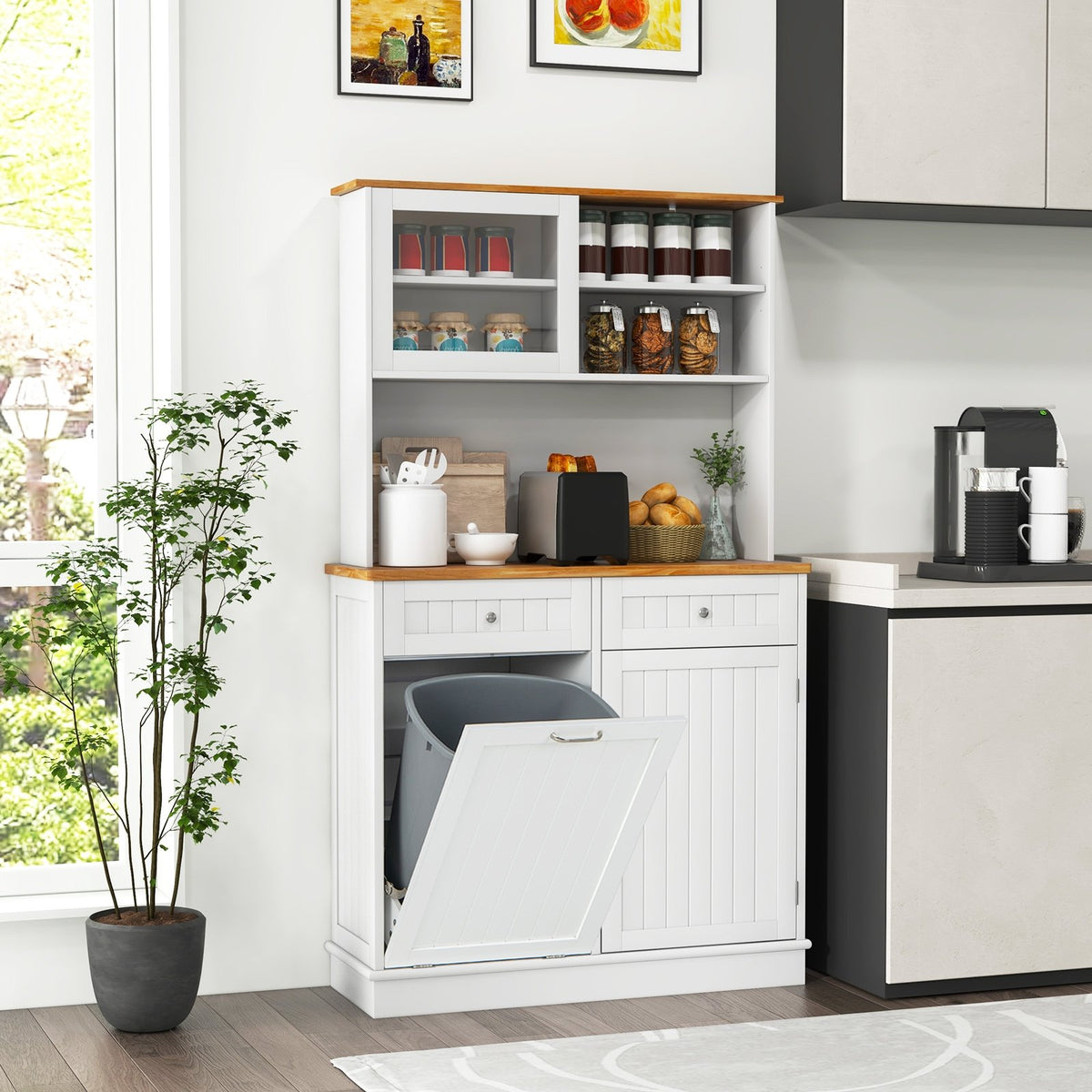Double Tilt Out Trash Cabinet with Hutch and Rubber Wood Countertop view 6