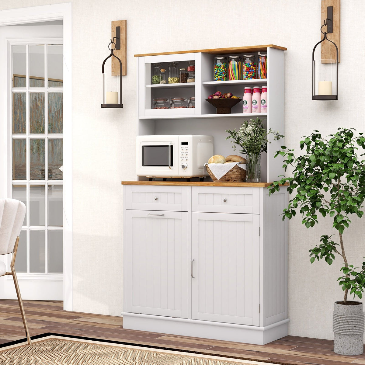 Double Tilt Out Trash Cabinet with Hutch and Rubber Wood Countertop view 7