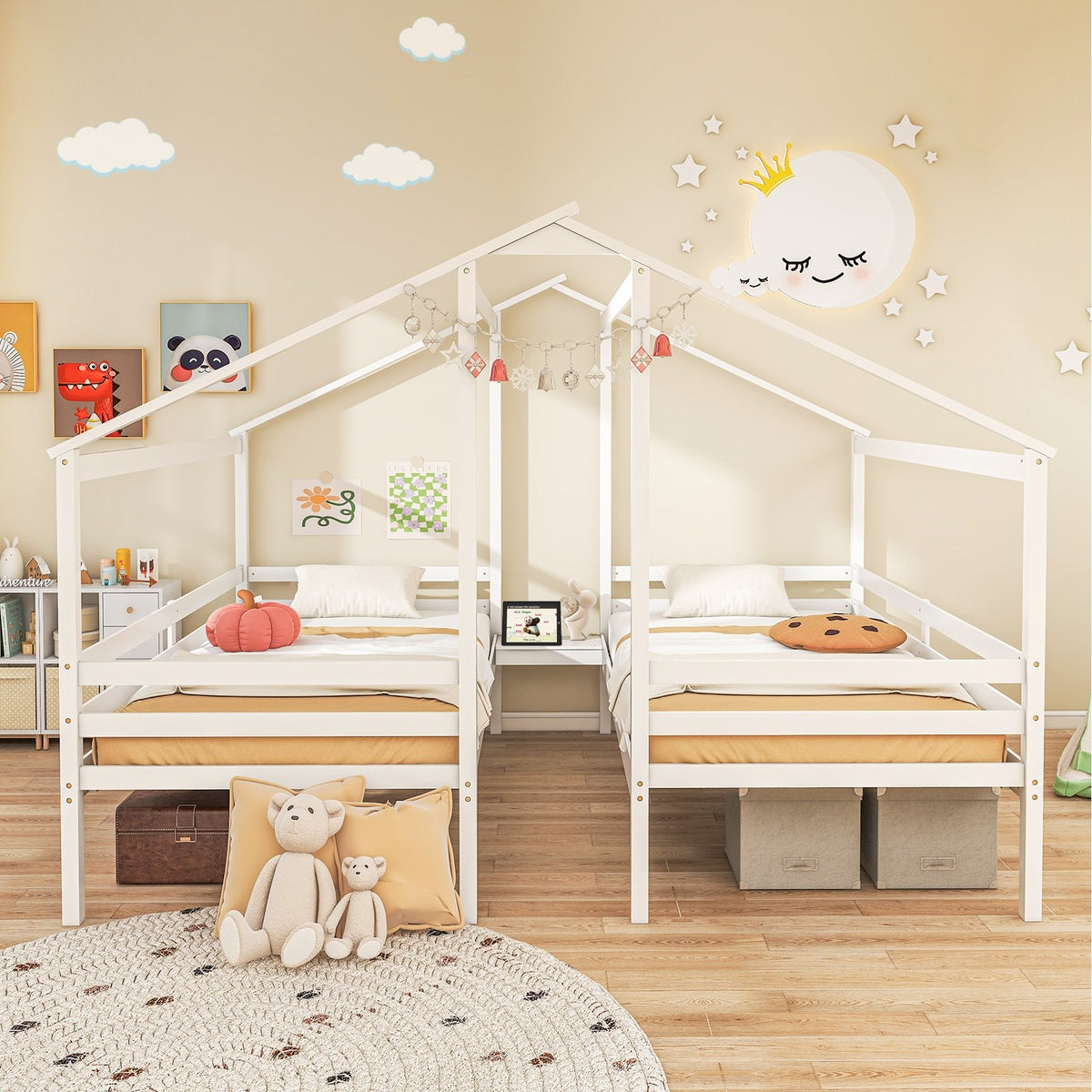 Double Twin Size Wooden Bed Frames with Built-in Table for Kids-White view 2