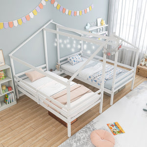 Double Twin Size Wooden Bed Frames with Built-in Table for Kids-White view 3