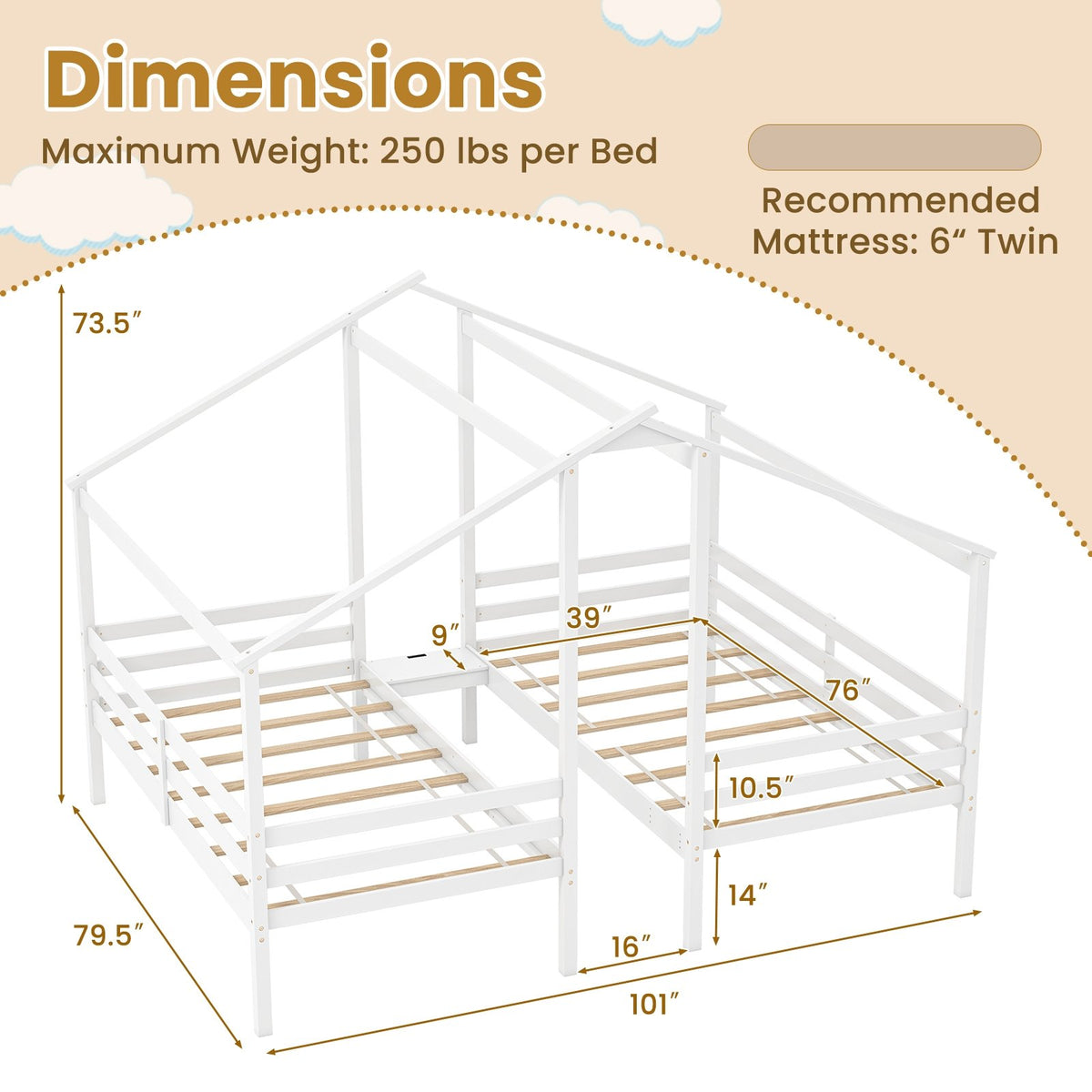 Double Twin Size Wooden Bed Frames with Built-in Table for Kids-White view 4
