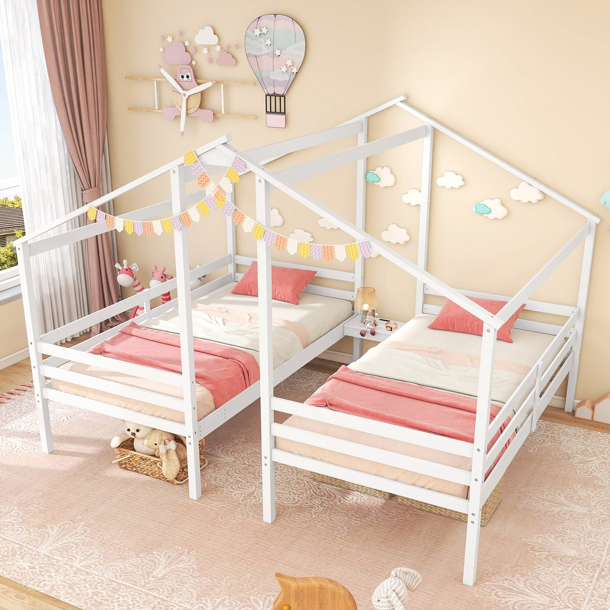 Double Twin Size Wooden Bed Frames with Built-in Table for Kids-White view 5