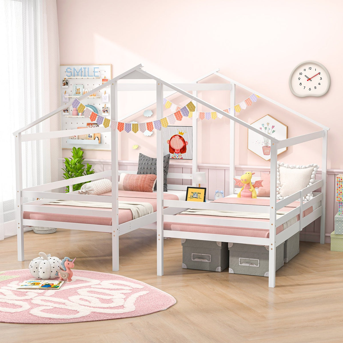 Double Twin Size Wooden Bed Frames with Built-in Table for Kids-White view 6