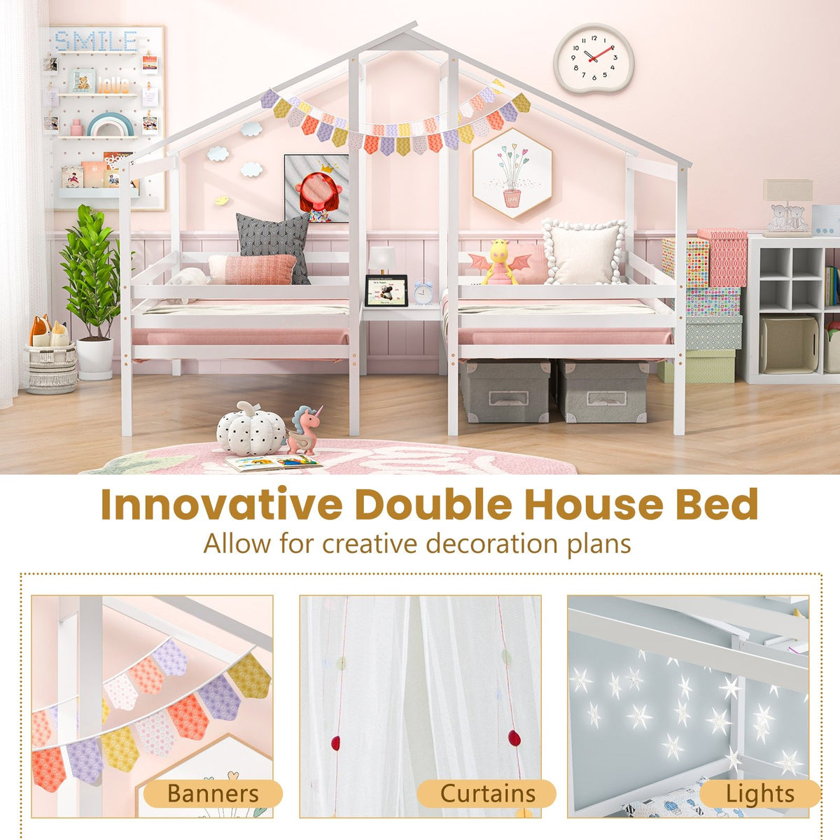 Double Twin Size Wooden Bed Frames with Built-in Table for Kids-White view 7