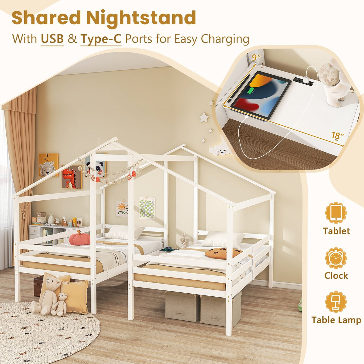 Double Twin Size Wooden Bed Frames with Built-in Table for Kids-White view 8